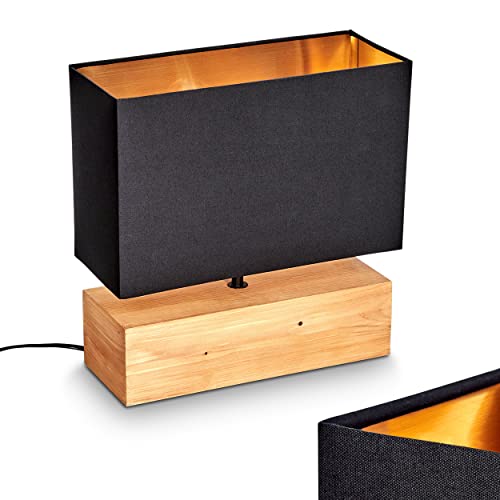 Lampe de table Geneva, lampe en bois naturel avec un abat-jour en tissu noir/doré, luminaire disposent d'un interrupteur sur câble, créant un effet de...