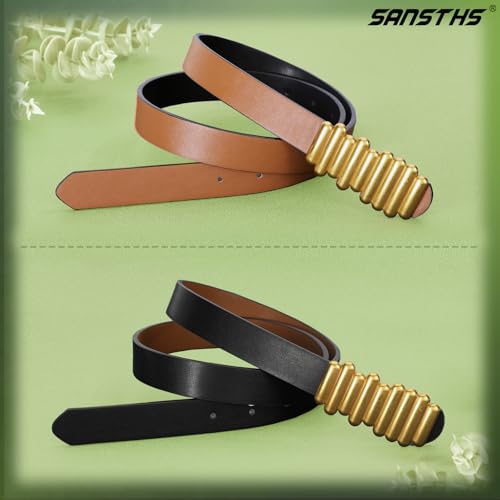 SANSTHS Fashion Women Reversible Belts for Dresses Jeans Pants, Two-in-one Skinny Belt for Women with Retro Gold Buckle, Black/Brown XXL