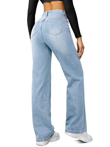Straight Leg Jeans for Women,High Waisted Wide Leg Loose Microelastic Boyfried Denim Pants A-Blue2
