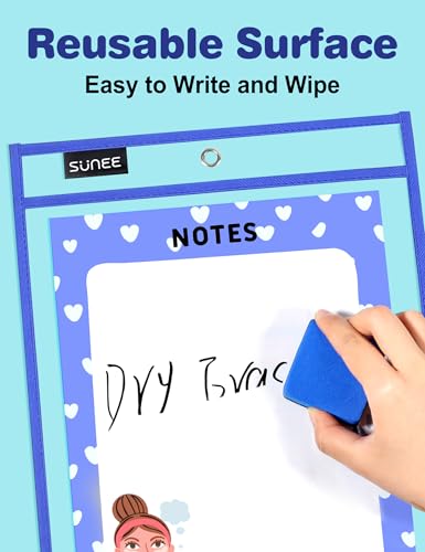 SUNEE 30 Packs Oversized Reusable Dry Erase Pocket Sleeves with 2 Rings, 10 Assorted Colors 10x14 Ticket Holders, Clear Plastic Sheet Protectors, Teacher School Classroom Supplies