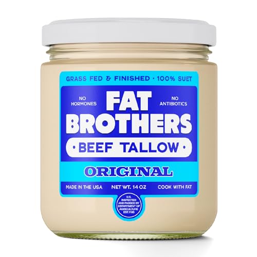 Fat Brothers Original Grass-Fed Beef Tallow, USA Made and Sourced, 100% Suet, 14oz Wide-Mouth Jar, No Added Hormones or Antibiotics, For Cooking, Frying, Baking, Skincare, & More