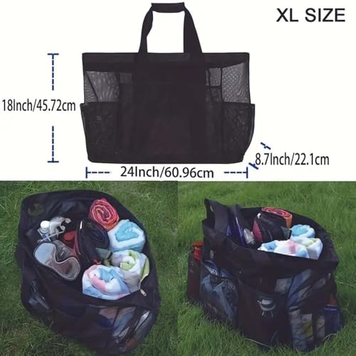 Kaket 1pc Extra Large Beach Bag, Mesh Bag with Zipper and Pockets Ideal for Your Family Beach Trip Large Capacity Finishing Organizer Bag4