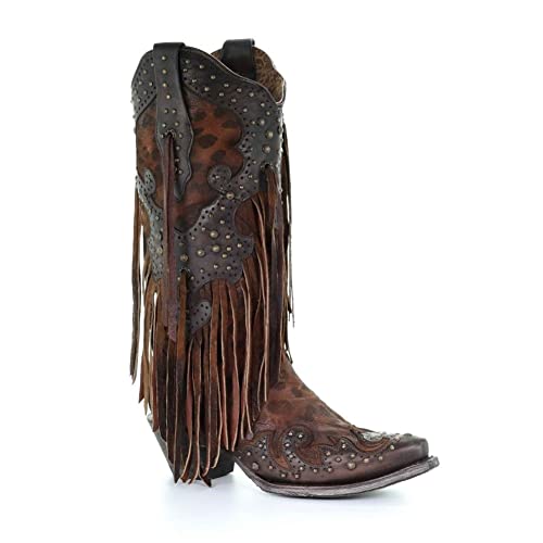CORRAL LADIE'S HONEY GOAT OVERLAY & STUDS & FRINGES, SNIP TOE, LEATHER SOLE, WESTERN, A3618 6