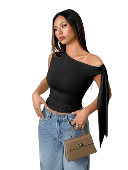 Solid Asymmetrical Shoulder Tie Strap Crop Top for Women
