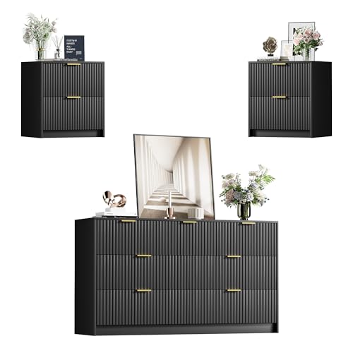 Image of 3 Piece Modern Bedroom Set, 7 Drawer Dresser with 2 Nightstands, Black