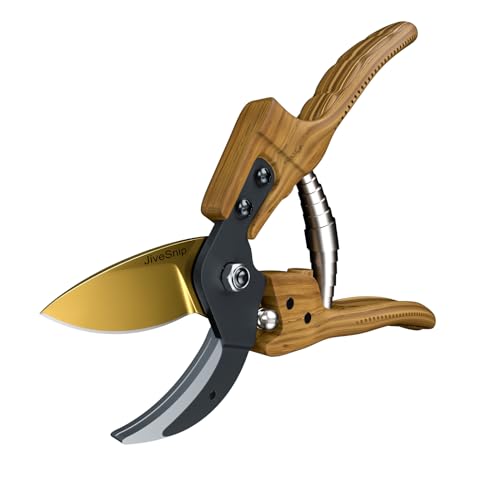 JiveSnip Premium Gartenschere aus Titan, ergonomisches Design, ideal zum Gartenschneiden und Pflanzenschneiden (Holzgriff)