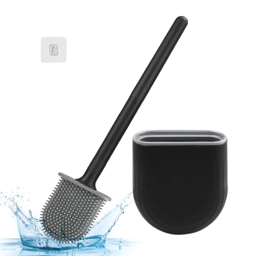 TOUSEEDA Silicone Toilet Brush and Container, Wall Mounted Deep Cleaning, Long Handle, Toilet Brush and Quick Drying Holder Set, Toilet Brush for Bathroom or Guest Toilet, Black