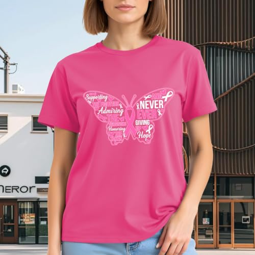 Image of Breast Cancer Survivor Butterfly Shirt for Women-Pink Ribbon Short Sleeve | With Hope Slogan Print Tee Top Ideal for Breast Cancer Group Uniform for Awareness Month & Survivor Memorial Gathering