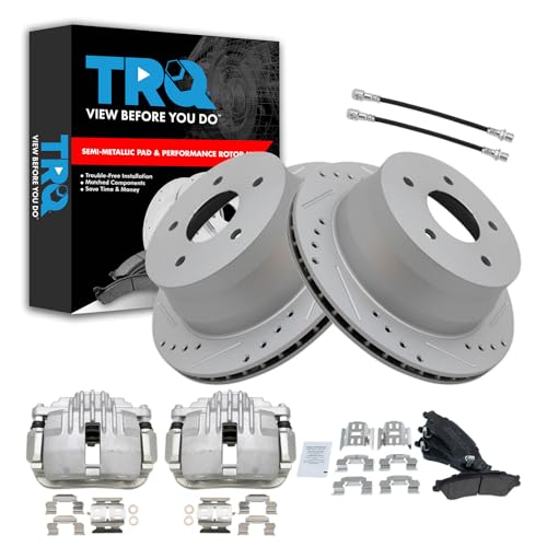 Image of TRQ Performance Rear Brake Pad & Rotor Set Semi Metallic Drilled Coated Rotors Calipers Hoses Compatible with 99-05 Chevrolet Blazer 00-04 S10 98-03 GMC Jimmy 00-03 Sonoma 98-00 Isuzu Hombre