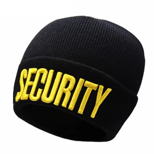 NC Mens Security Black with White Yellow Letters Long Knitted Cuffed Beanie Folded Embroidered Beanie Skull Watch Cap Hat
