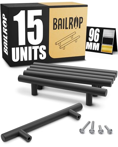 BAILROP Poignée de Meuble Cuisine Noir 96MM - Poignée Noir Meuble en Acier Inox - Poignet de Porte Cuisine et Armoire 15 UNITÉS