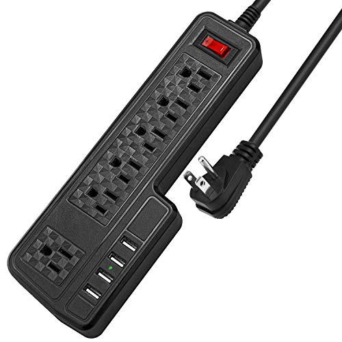 Mountable Surge Protector Power Strip JACKYLED 9.8ft 6 Outlets 4 USB Ports Electric Power Outlet with Right Angle Flat Plug Electric Long Extension Cord Power Charging Station for Home Office Black