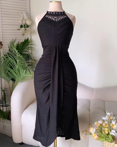 Image of CHICME Womens Summer Halter Dress Hollow Out A Line Vacation Dress