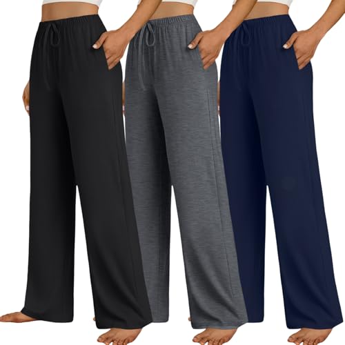 SUNBS Women's 3 Pack Lounge Pajama Pants Wide Leg Sweatpants High Waist Yoga Palazzo with Pockets Fall Casual Loose Clothes