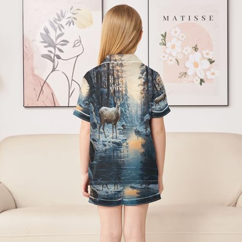 ALAZA Deer Winter Landscape Satin Pajamas Set Short Sleeve Button Down Sleepwear Summer Pjs 2 Piece4