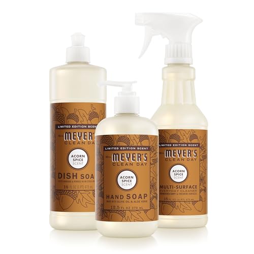 Mrs. MEYERS CLEAN DAY Kitchen Basics Set Acorn Spice Scent Cleaning Supplies includes Hand Soap (12.5 Fl Oz) Dish Soap (16 Fl Oz) and Multi-Surface Cleaner (16 Fl Oz)