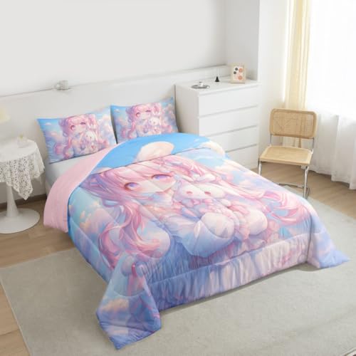Image of Erosebridal Kawaii Girl Bedding King,3D Anime Gifts Comforter Set Japanese Girl with Curly Hair Bed Sets Romance Style Duvet Insert 3 Pieces