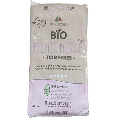 Hochwald - Bio Premium Erde 20 L torffrei mit nachhaltigem Langzeitdünger - Universal Bioerde mit Natur Dünger für Garten- & Zimmerpflanzen - Pflanzenerde für Kräuter & Gemüse mit Bodenhilfsstoffen