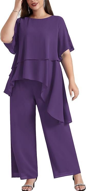 Hanna Nikole Traje de noche de gasa para mujer, tallas grandes, conjuntos de cóctel, fiesta, festivo, elegante, 2 piezas, cuello redondo, manga corta y cintura alta, traje de pantalón de dos piezas
