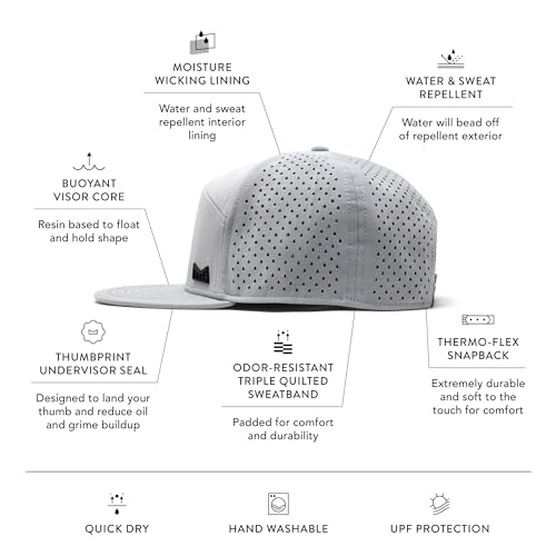 Image of melin Trenches Icon Hydro, Performance Snapback Hat, Water-Resistant Flat Bill Caps for Men & Women, Golf, Running or Workout
