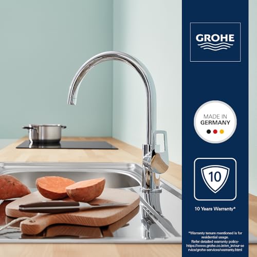 Image of Grohe Bauloop Single-Lever Sink Mixer Faucet 1 /2 inch | Deck Mounted Kitchen Sink Tap | Hot and Cold-Only Single Lever Faucet with 360 Swivel Spout | Chrome Finish | 10 Year Warranty | 31232001