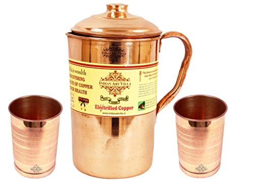 IndianArtVilla Lot de 3 pichets en cuivre avec 2 gobelets en verre, service et boisson, 3 pièces