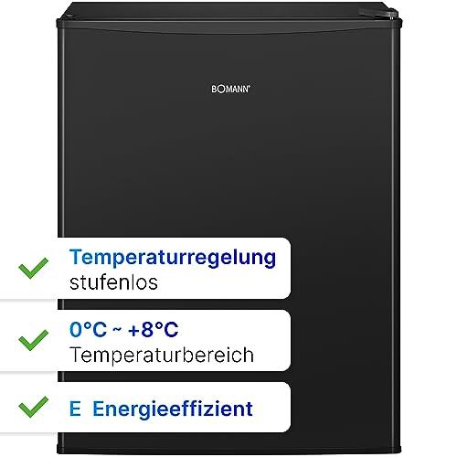 Bomann Mini Kühlschrank mit 58 Liter Nutzinhalt | Kühlschrank klein mit 2 herausnehmbaren Glasablagen | Mini Fridge mit stufenloser Temperaturregelung u. wechselbarem Türanschlag | KB 7347 schwarz