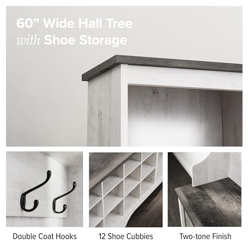 Image of Prepac Farmhouse Washed White Hall Tree, Shoe Cabinet, Storage Cabinet with 12 Shoe Cubbies, 2 Boot Cubbies and 6 Double Coat Hooks 15.5 inch D x 60 inch W x 77 inch H