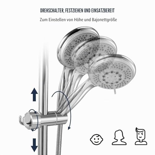 Vinabo Duschkopfhalterung, ohne Bohren, 18 – 25 mm Durchmesser, verstellbar, Halterung für Handbrause mit Haken, integrierter Abstandshalter zum Schutz der Duschstange