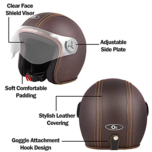 Image of O2 Star Leather Unisex Open Face Helmet with Scratch-Resistant Transparent Visor & Adjustable Strap for Bike Scooty Ride (Brown- M)