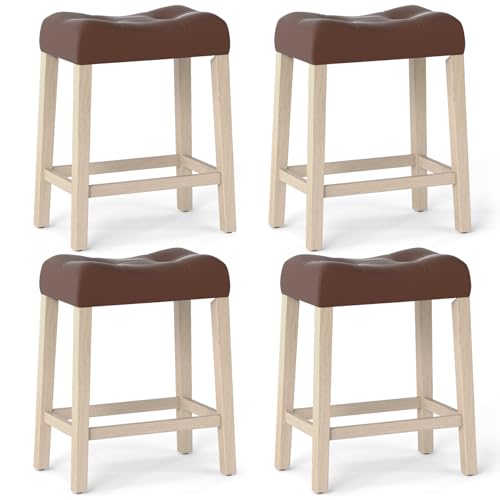 Image of Giantex 24 inch Bar Stools Set of 4, Upholstered Counter Height Saddle Bar Stools with Footrest and Wood Legs, Farmhouse Faux Leather Backless Barstools for Kitchen Island, Dining Room, Cafe, Brown+Beige