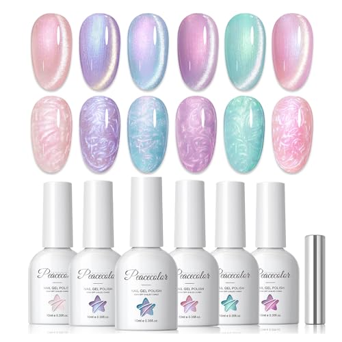 PEACECOLOR Cat Eye Gel Nail Polish Magnetic Shimmer Pearl Nail Polish with Magnet 6 Colors Spring Cateye Gel Polish Iridescent Chrome Mermaid Drawing Swirl Shell Thread Effect Gifts for Women
