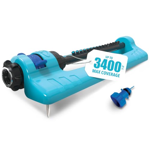Image of Aqua Joe Oscillating Sprinkler with Adjustable Spray, 16 Clog-Resistant Nozzles, Standard Base w /Metal Ground Spike, 3400 Square Foot Coverage