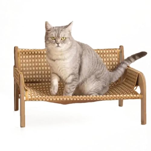PETTENA 爪とぎ 爪研ぎベッド ハンモック 夏用ペットソファー 木製フレーム 涼感マット 猫 爪研ぎソファ 猫ラウンジチェア 爪研ぎ カスが出ない 藤/麻布2種 ひんやり 通気性 安心素材 耐摩耗性 臭くない 猫ベッド 多機能ペット家具 (麻マット)