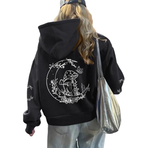 Weripoah Graphic Hoodies for Women Mushroom Moon Sweatshirt Oversized Hoodie Gothic Vintage Sweatshirt Print Tops(Black S)