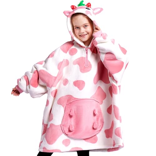 Image of Giggling Getup Wearable Blanket Hoodie for Girls and Boys Sherpa Fleece Hooded Blanket Sweatshirt Warm Cozy Sherpa Wearable Throw Oversized Hoodie with Giant Pocket & Sleeves for Kids Strawberry Cow
