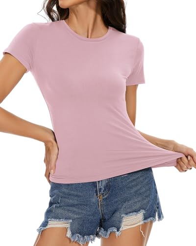 Summer Basic Tees Casual Slim Fitted T Shirts for Women Going Out Tee Shirts Y2k Short Sleeve Tops(Light Pink,S) — view 3