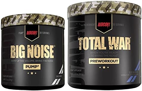 REDCON1 Total War Preworkout (Blue Raspberry) & Big Noise Non-Stim Preworkout Powder (Unflavored) Stack - Pre Workout Duo for Energy, Focus & Endurance - Keto (2 Products, 30 Servings Each)