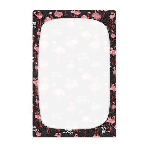 Image of Tropical Flamingo Christmas Crib Sheets Soft Breathable Fitted Baby Playard Sheets Mattress Cover for Girl Boys, 39 inch x 27 inch x 5 inch