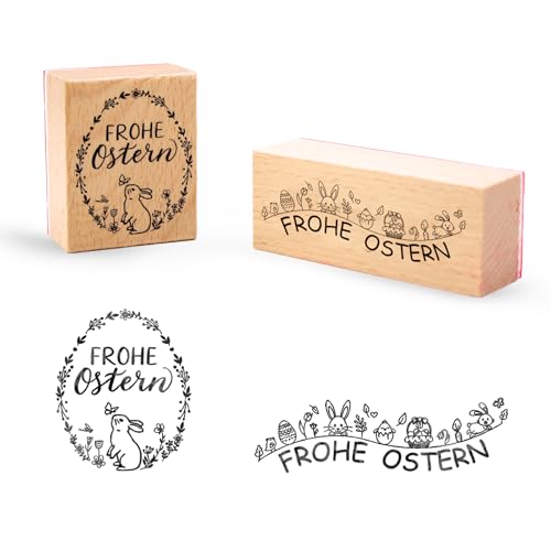 2 Stücke Stempel Frohe Ostern Motivstempel aus Holz,Ostern Hasen Blumenkranz Osterhase Osterei für Scrapbooking OsterKarten Basteln, Geschenkpapier DIY Dekoration