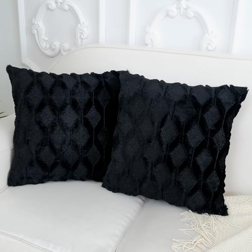 Faux Fur Plush Soft Black Throw Pillow Covers 16x16 Pack of 2