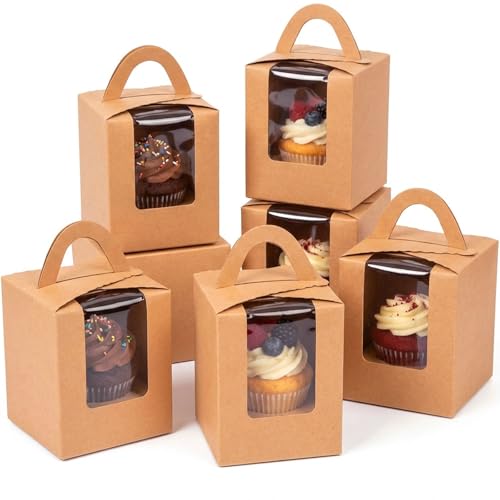 qiqee 100pcs Auto Pop-up Cupcake Containers Individual Brown Cupcake Holders Disposable Kraft Single Cupcake Boxes with Window 3.7"x3.7"x4.5" Cupcake Boxes
