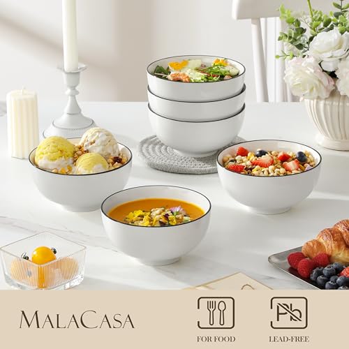 Image of MALACASA 26 Oz Ceramic Cereal Bowls Set of 6 - White Bowl wtih Black Rim | Perfect for soup, cereal, ramen, rice, oatmeal & salad; Scratch-resistant; stackable, microwave, oven & dishwasher safe