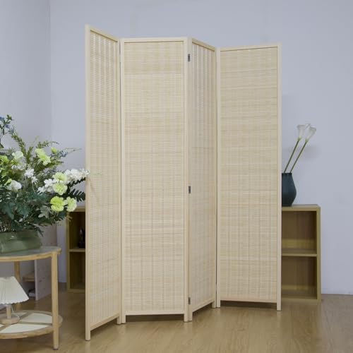 4 Panel Room Divider Screen, 5.6 FT Tall Bamboo Folding Privacy Screen, Freestanding Room Separator, Beige