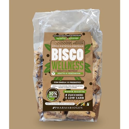 Galletas de proteínas Low Carb "Bisco Wellness" con omega3 y prebióticos sabor avellana y gotas de chocolate. Sin azúcar, sin gluten, sin lactosa. Formato de 200 g.