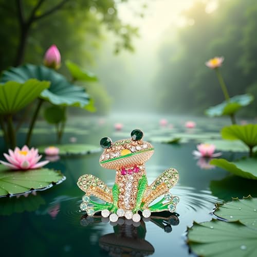 Image of Green Frog Brooch Pins for Women, Cute Rhinestone Inlaid Frog Enamel Animal Brooch Shirt Collar Badge Decor, Clothing, Shoes and Jewelry