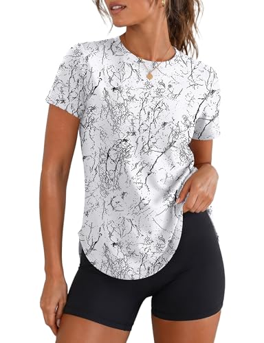 LOMON UV Sun Protection Shirts for Women Short Sleeve Workout Tops Quick Dry Moisture Wicking Athletic Hiking Summer Gym Tee White Print, Medium