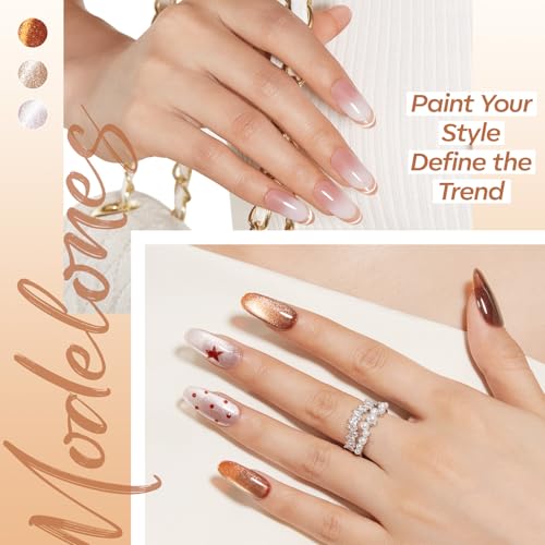 Image of modelones Cat Eye Gel Nail Polish Set, 6 Colors Neutral Nude Brown Gold Caramel Khaki Glassy 9D Cateye Glitter Gel Polish kit All Skin Tones with Magnet Soak Off LED Nail Art Starter Kit DIY Gift