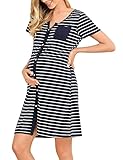 KOJOOIN Nachthemd Damen Kurzarm Stillnachthemd Baumwolle Knopfleiste Durchgehend Stillkleid V Ausschnitt Streifen Nachtwäsche mit Vordertasche A-Streifen-Dunkelblau L