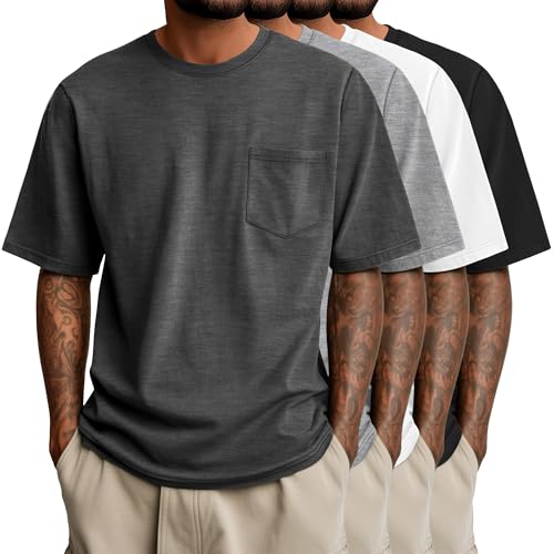 Ficerd 4 Pack Men’s Big and Tall Shirts, Short Sleeve Pocket Tee Heavyweight Crew Neck Cotton Tops Loose Fit Casual T Shirt